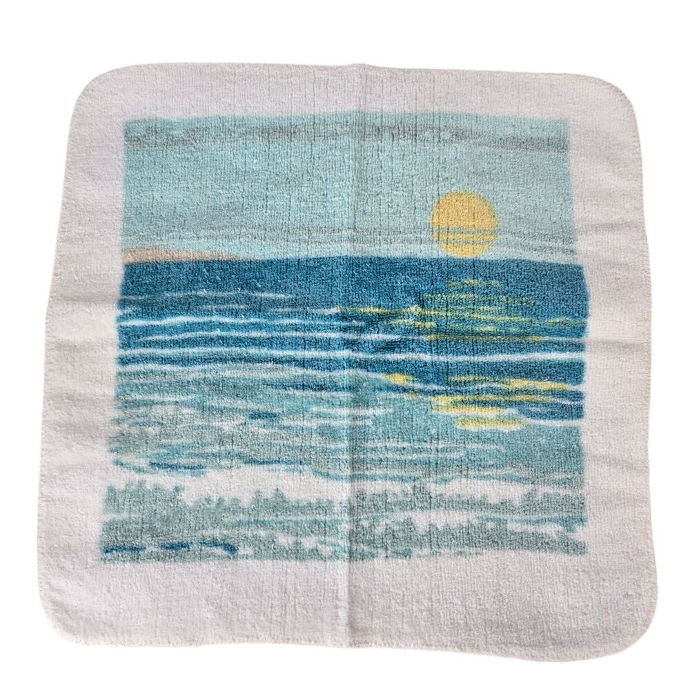 Vtg Burlington House Face WashCloth Sunset Ocean Sea Beach MCM Blue White